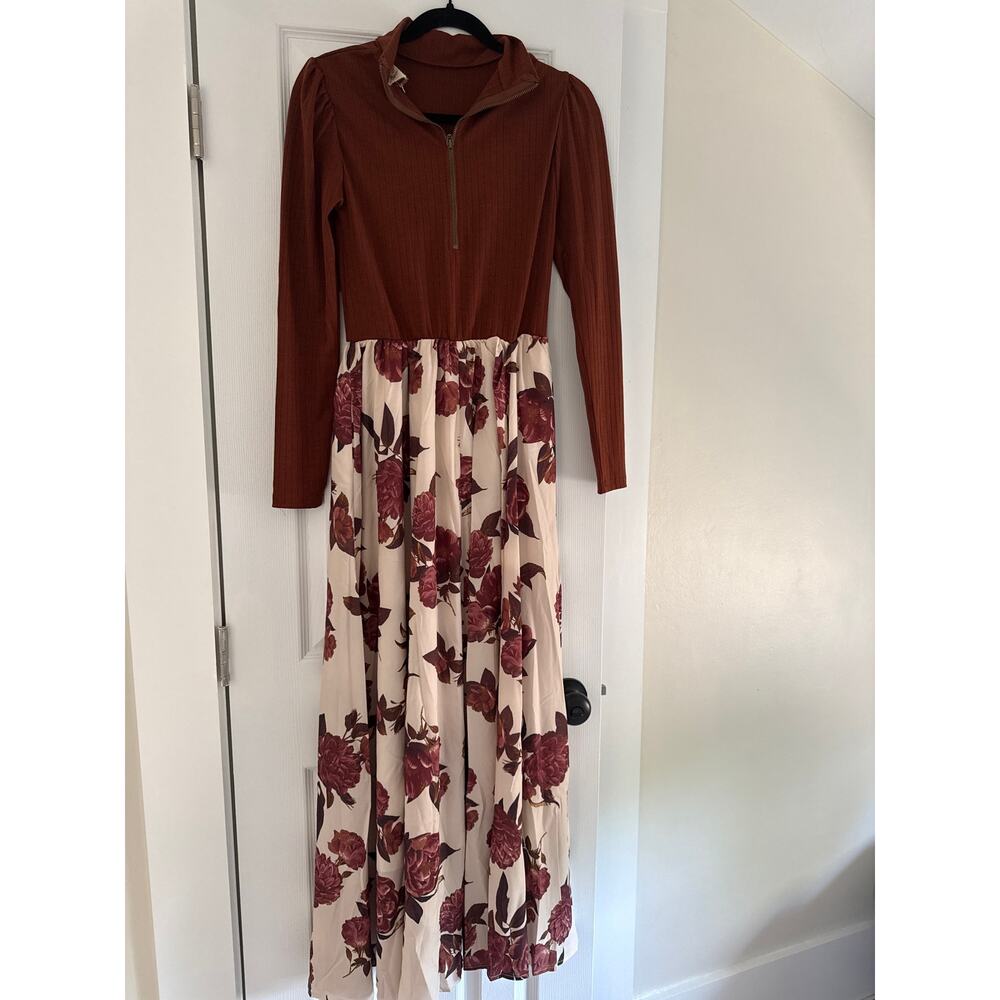 Mia Joy NWT Floral Maxi Dress Size Small Ribbed Knit Long Sleeve Burgundy Cream